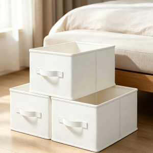 White and Ivory Linen Fabric Storage Bins 3-Pack